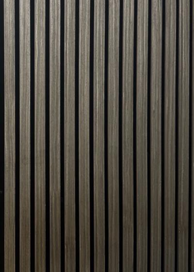 Natural wood slat sample, grey walnut in tone.